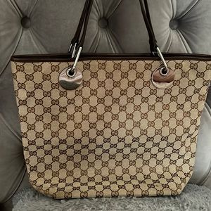 Authentic Gucci GG Canvas Leather Tote Bag Brown